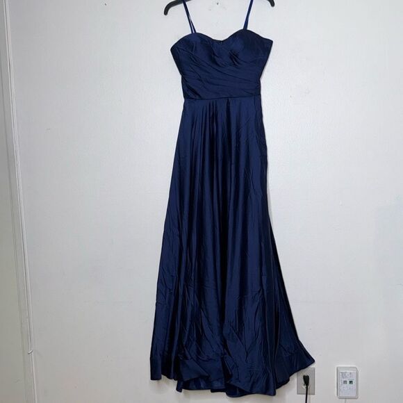 La Femme Womens Size 8 Navy Strapless Slit Satin Ballgown - Picture 4 of 12